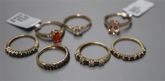 Seven 9ct gem-set rings, including fire opal and morganite examples